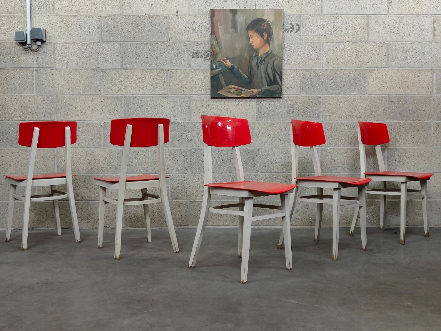 Set of 5 chairs TON Bystrice (Thonet) red and white 1960