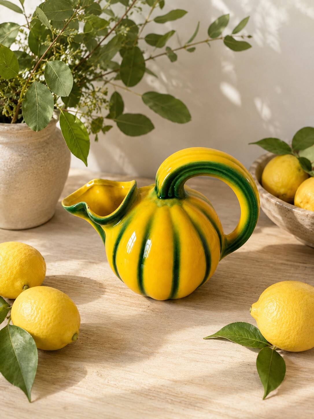 Jug melon in yellow and green majolica