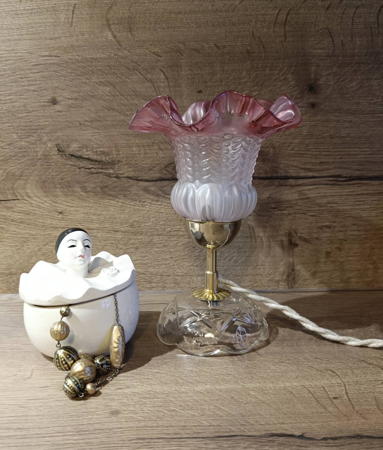 Upcycled vintage pink tulip glass table lamp