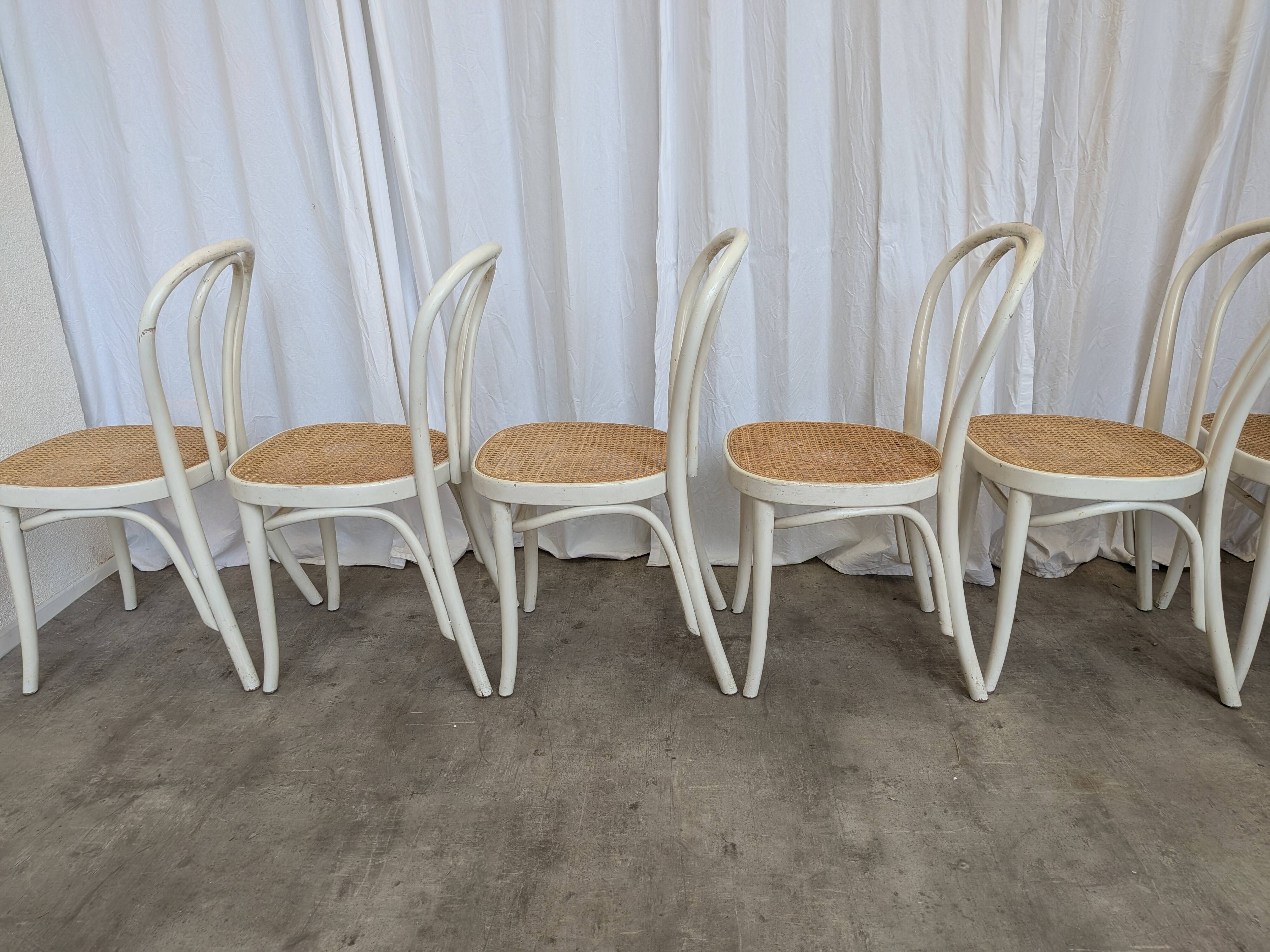 Ensemble de 6 chaises de salle à manger vintage de style Thonet : bois blanc et assise en cannage.