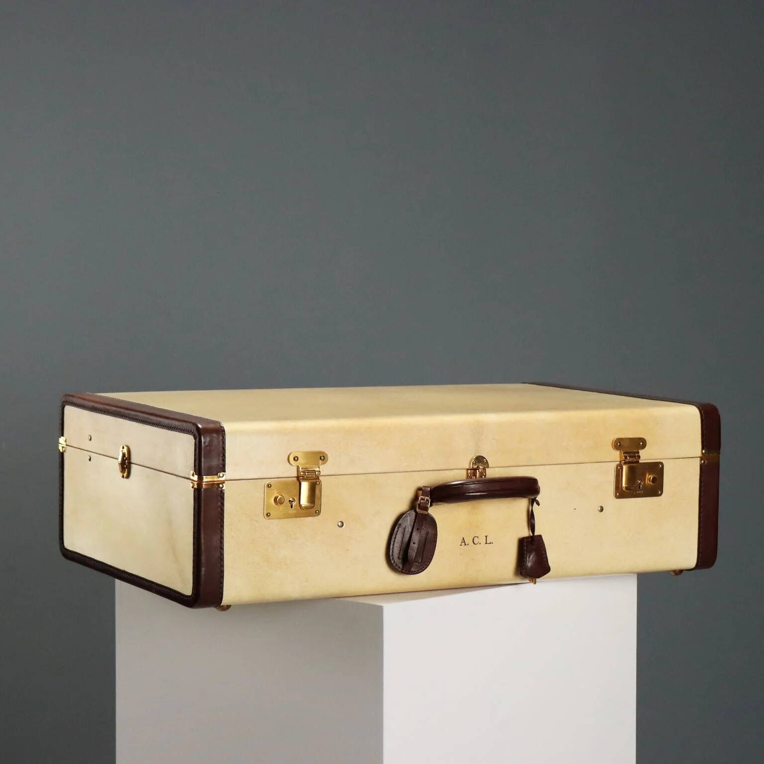 Vintage suitcase in parchment, cotton and leather, Italy, 1960s