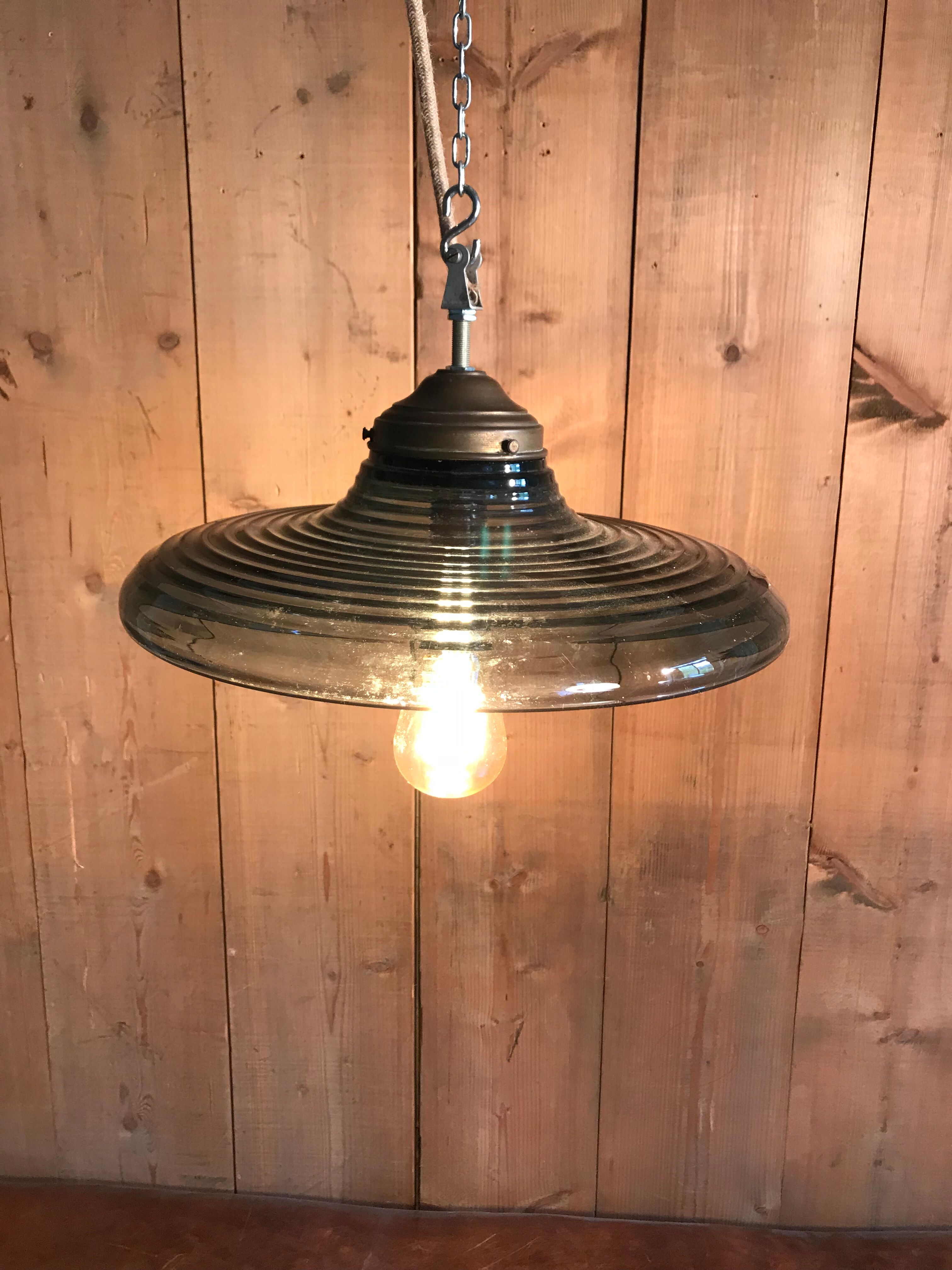 Large vintage pendant lamp in blue glass.