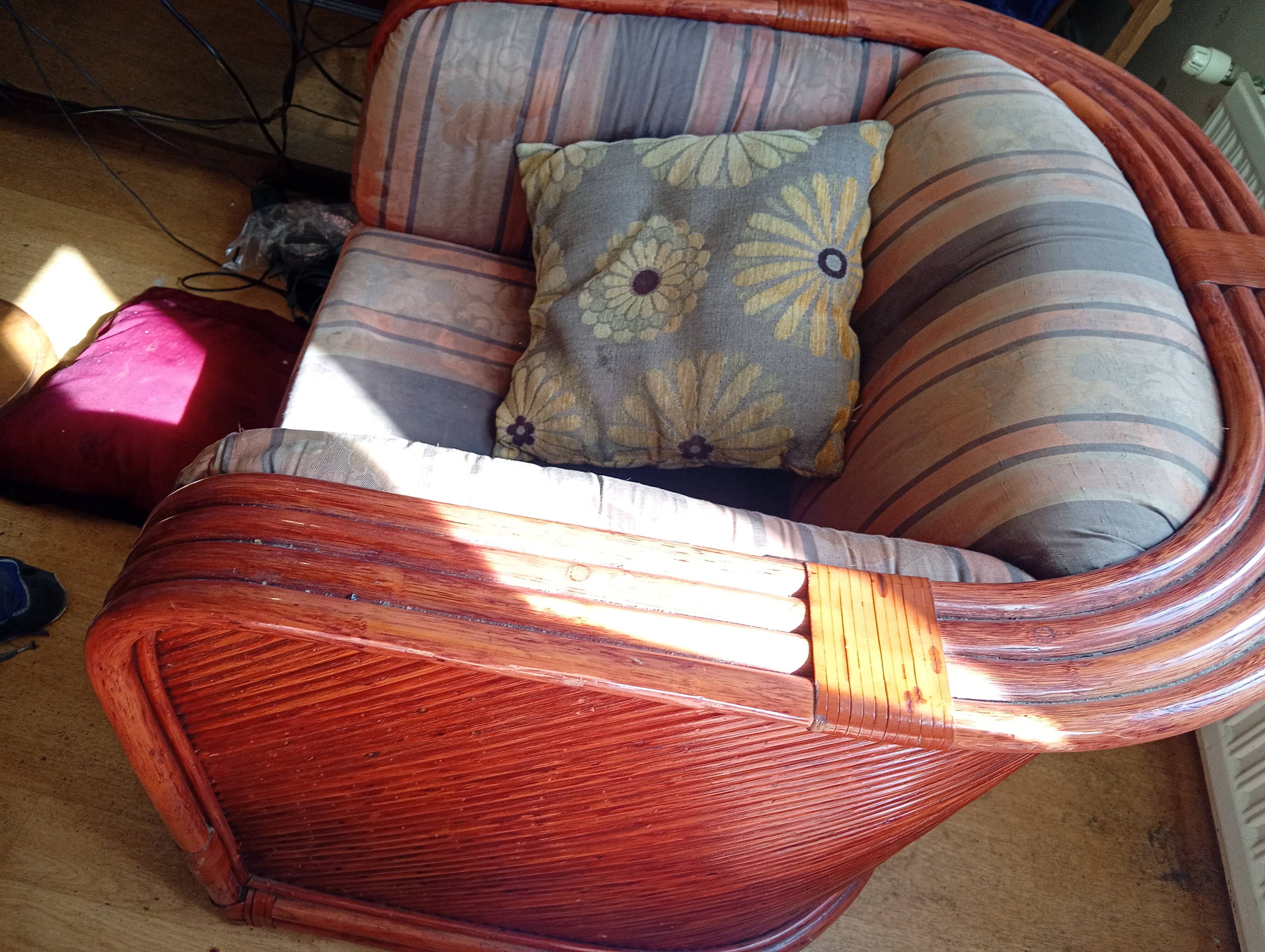 Red rattan and bamboo armchair, Maugrion salon