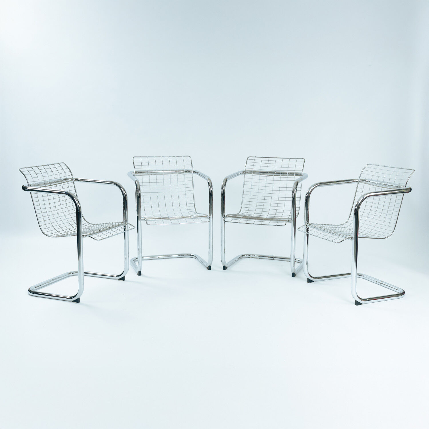set of 4 Italian Wire Chairs, Chrome & Metallic Thread, 1974