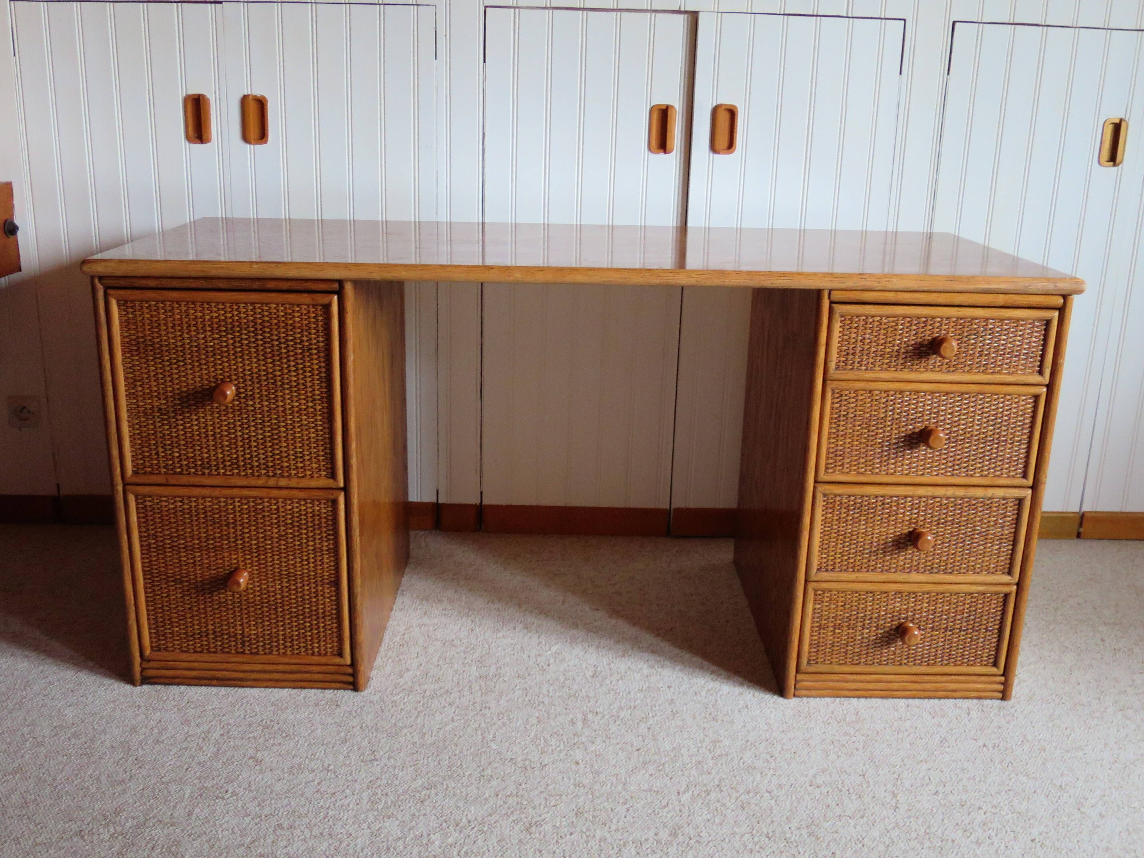 Rare vintage desk Ash and woven rattan - Large top - 6 drawers - Functional desk