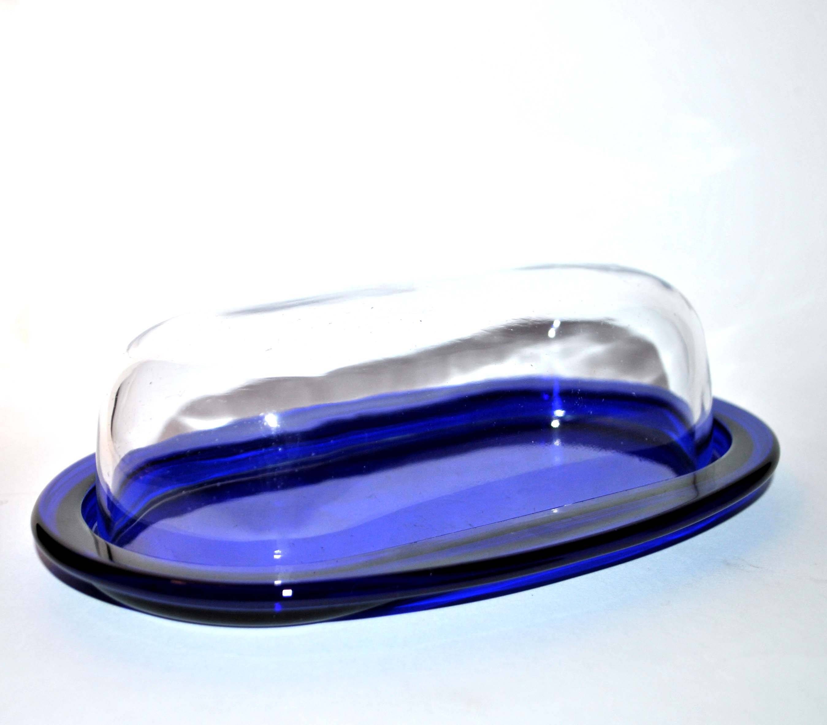 Vintage cobalt blue glass butter dish