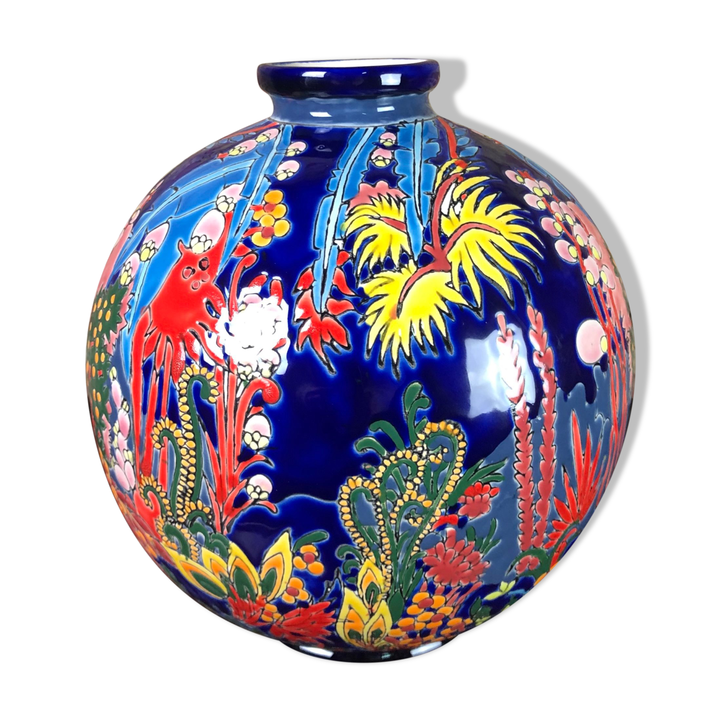 Art Deco style ball vase in glazed earthenware Jungle decoration Diameter 25 cm
