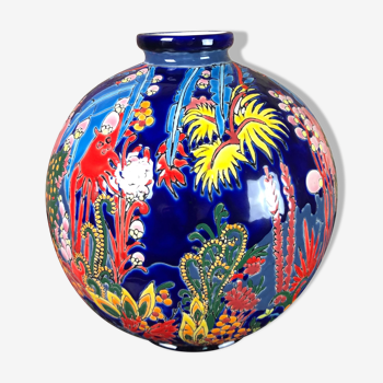 Art Deco style ball vase in glazed earthenware Jungle decoration Diameter 25 cm