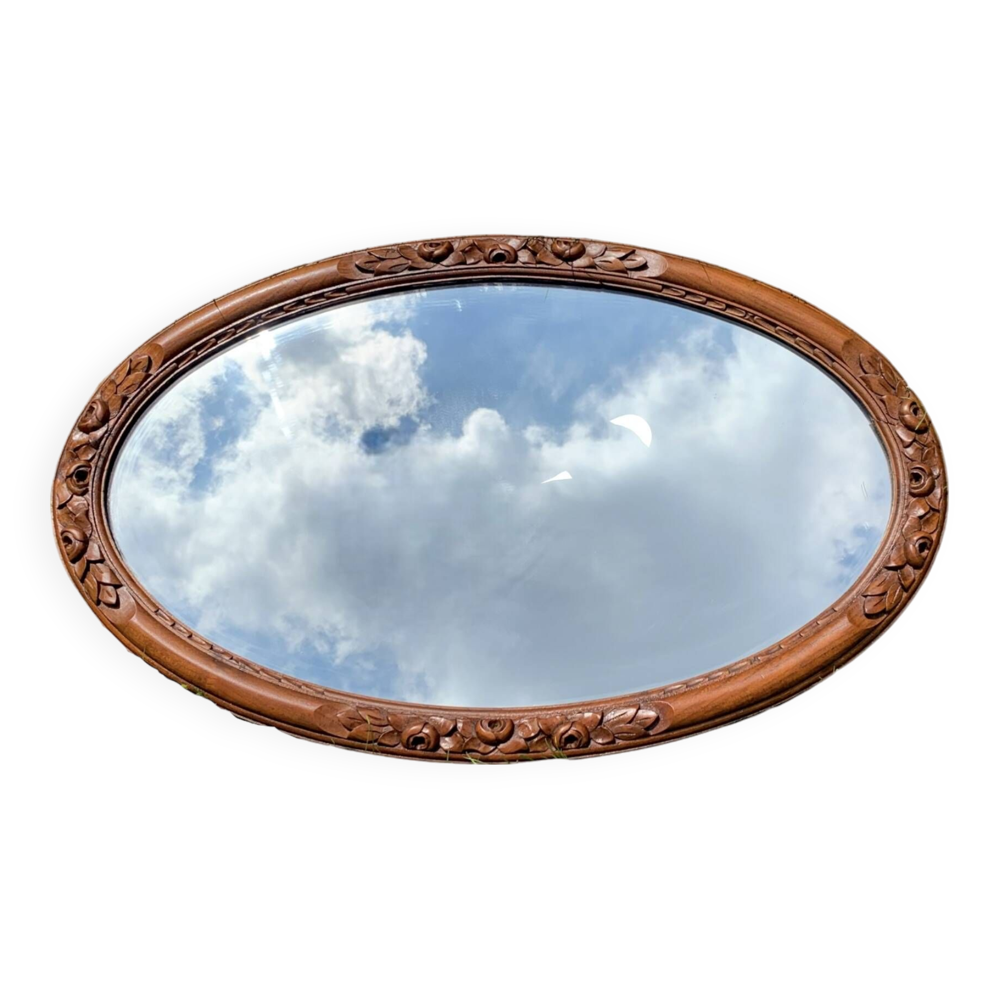 Large Art Deco oval mirror in carved wood - 87 x 53 cm