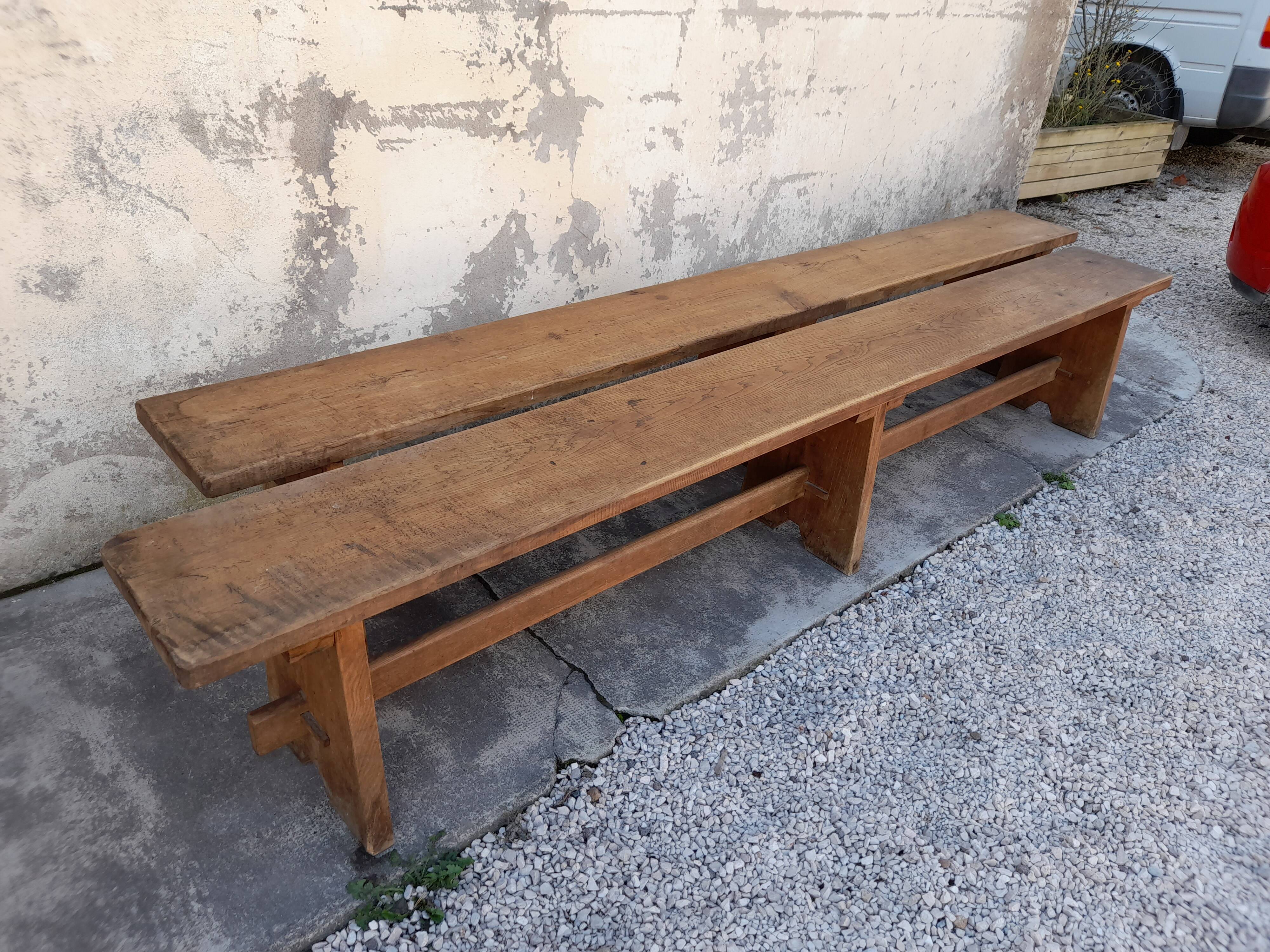 Pair of oak old farm benches 2m71