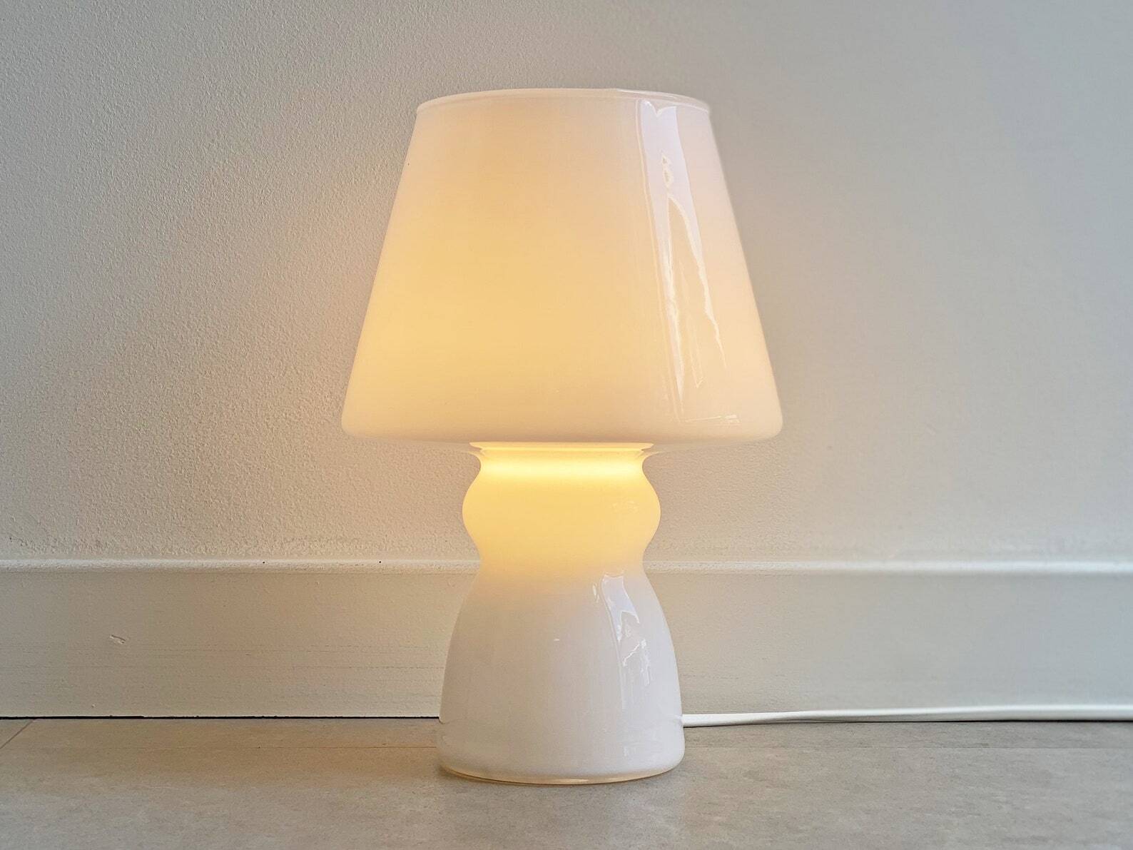 White vintage glass table lamp, mushroom lamp