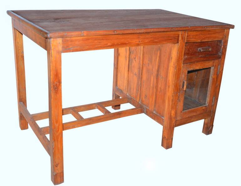 Old Burmese teak desk with 1 cabinet, 1 glass door + 1 drawer.