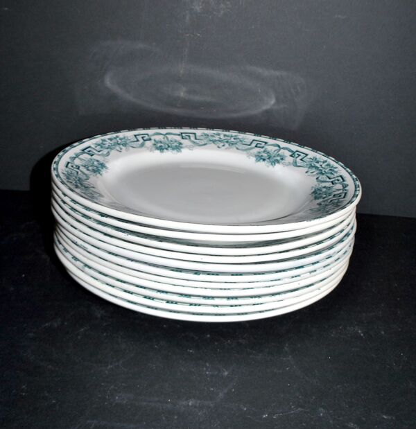 Lot de 11 assiettes plates athènes anciennes en faïence 1900, Moulin des Loups & Hamage