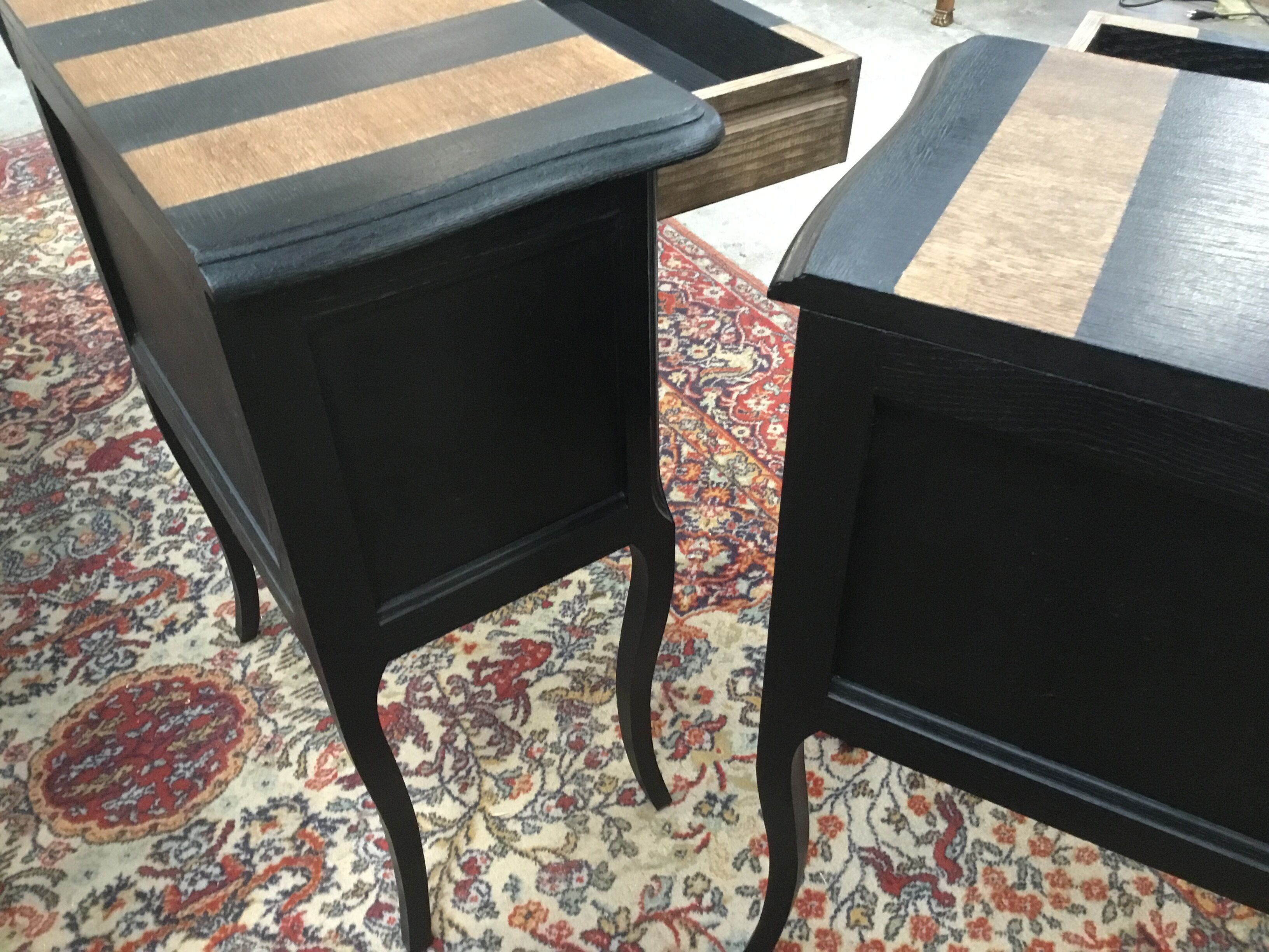 Bedsides 1 drawer, with set of black stripes and raw wood