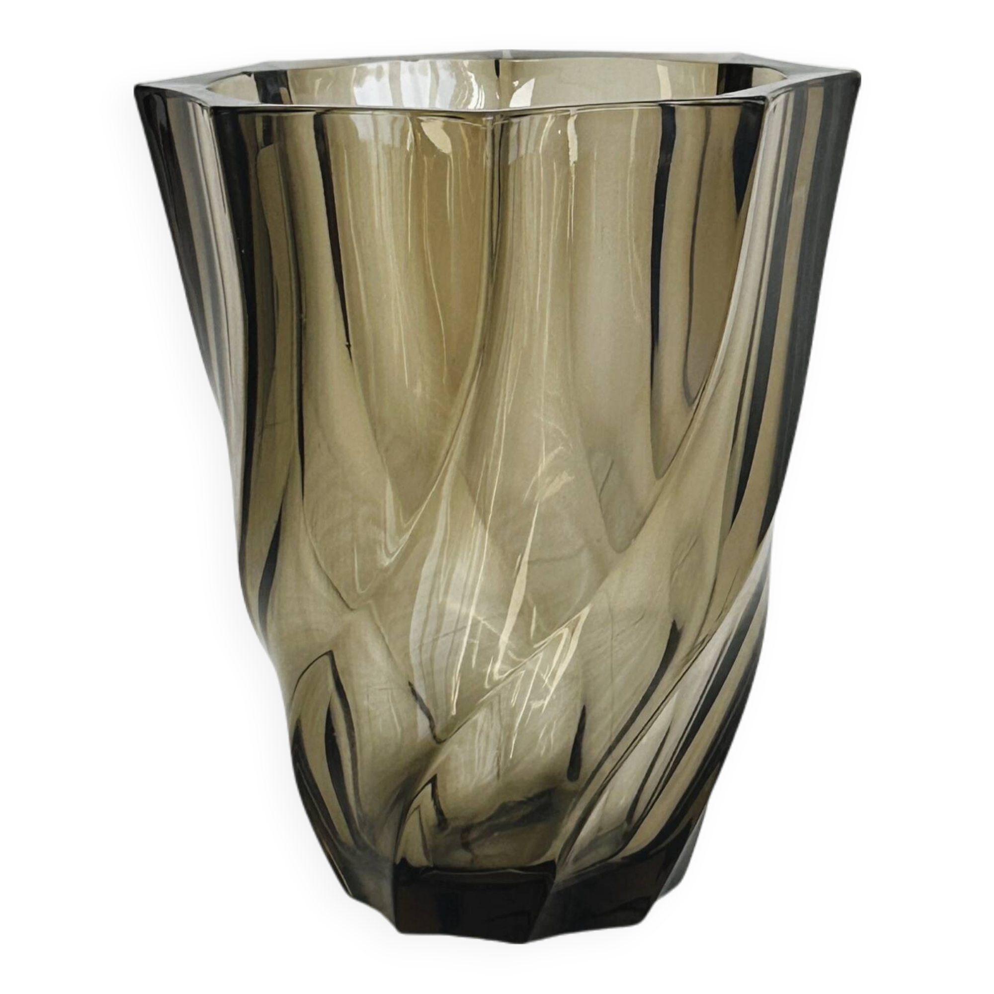 Smoked glass vase with twisted design