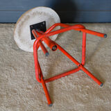 Screw stool red ironwork 1960 wooden seat