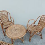 Set bench table and two armchairs in rattan 1950 vintage
