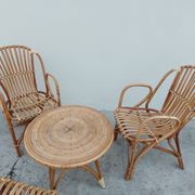 Set bench table and two armchairs in rattan 1950 vintage