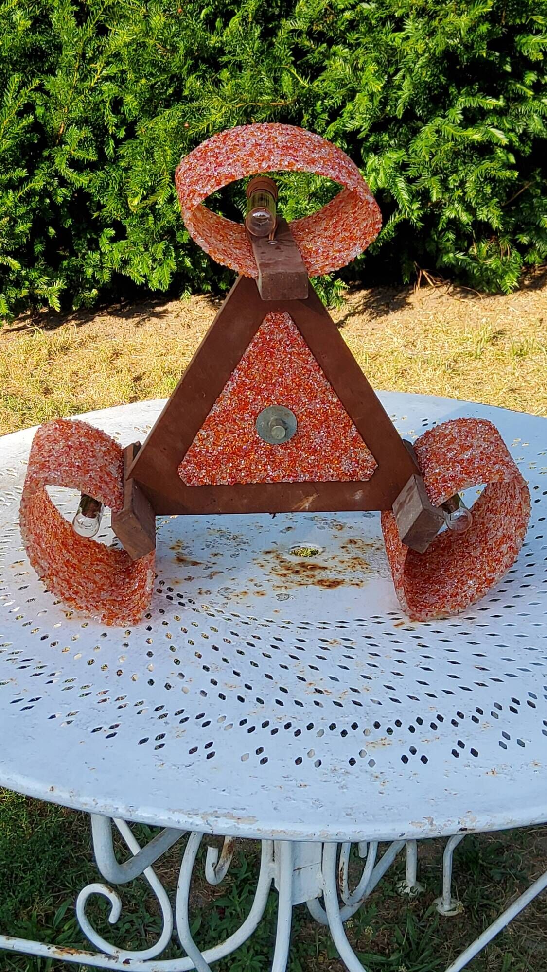 70s Scandinavian style chandelier in wood and orange granite resin 3 lights
