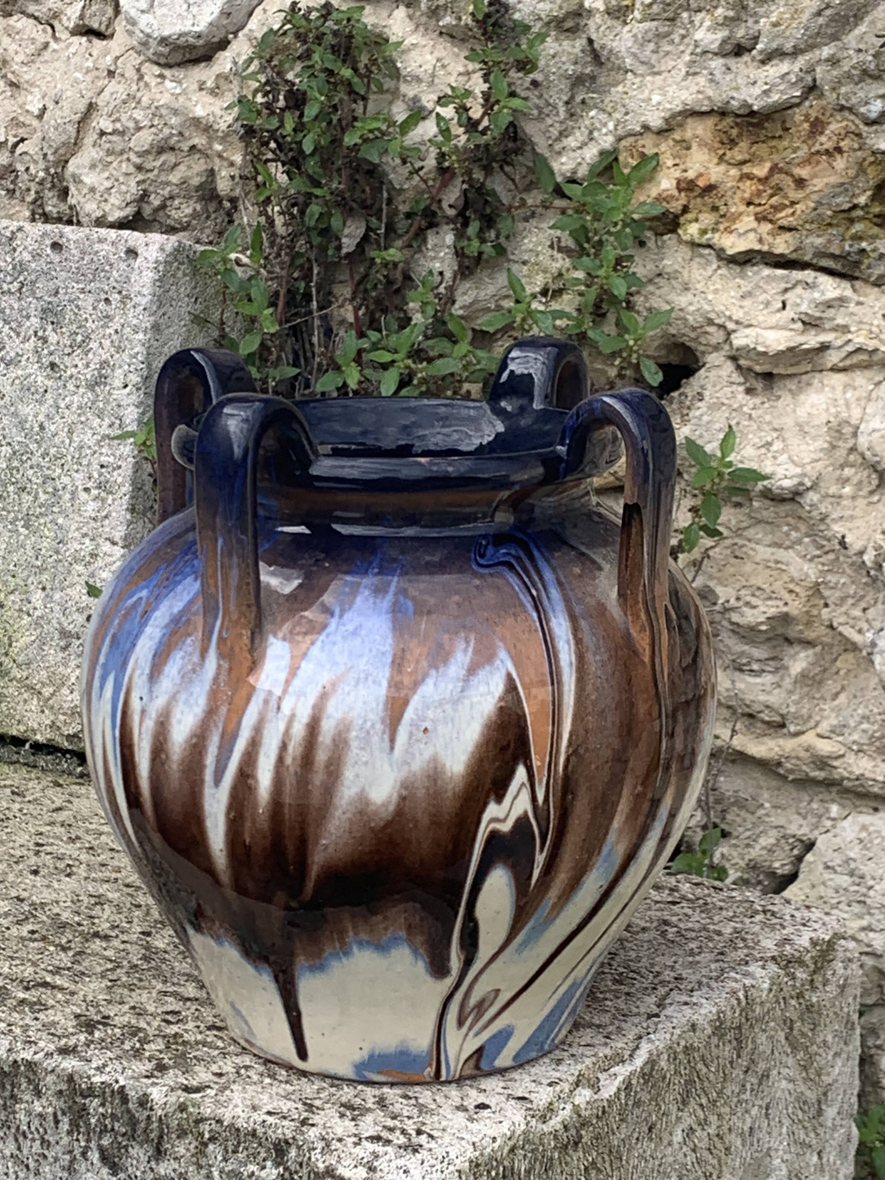 Amphora vase in mixed earth, shades of blue, beige and white, pottery, vintage