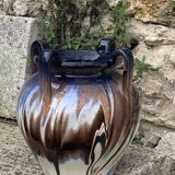 Amphora vase in mixed earth, shades of blue, beige and white, pottery, vintage