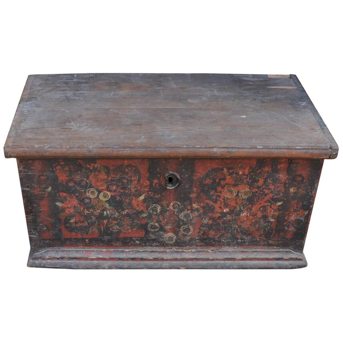 Antique wooden chest painted in multicolour with floral decoration — solid pine