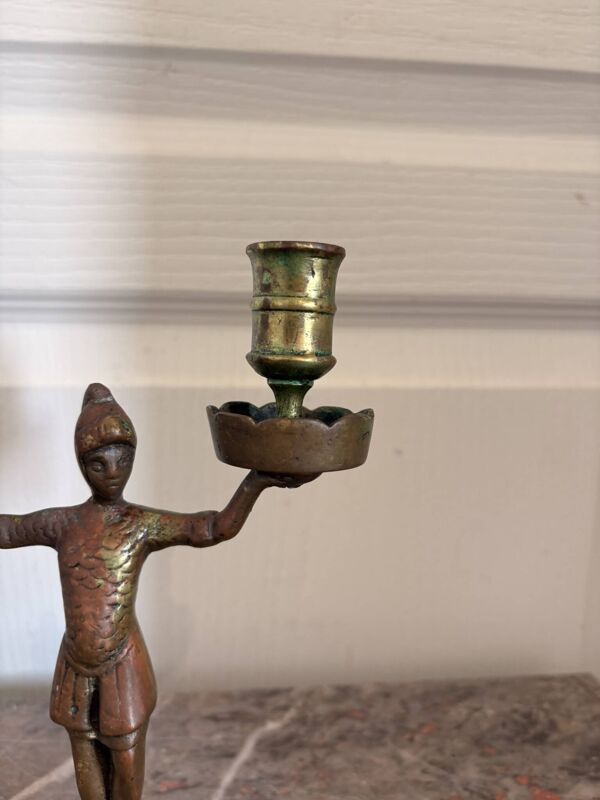 Ancien Bougeoir Chandelier Bronze Cuivre Doré Soldat