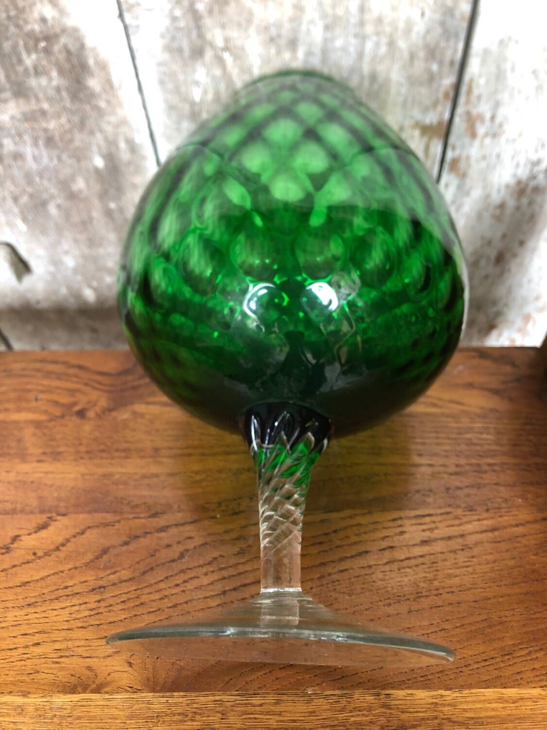 Old vase on foot empoli green glass transparent foot vintage