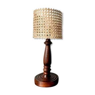 Lamp in turned wood and vintage canework