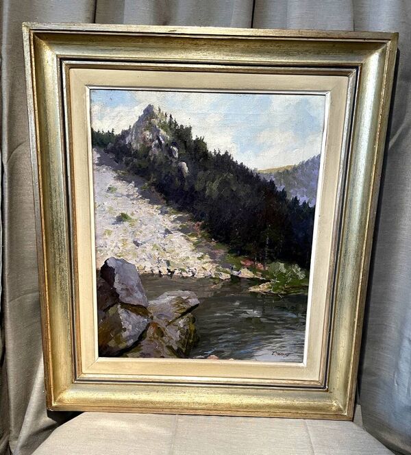 Huile sur toile representant un lac signe lucien wolff peintre alsacien