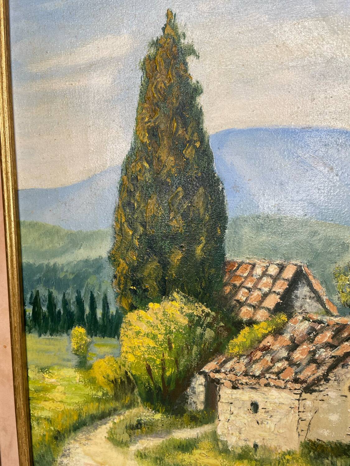 Painting of Mont Ventoux signed Lasimone in gilded wooden frame