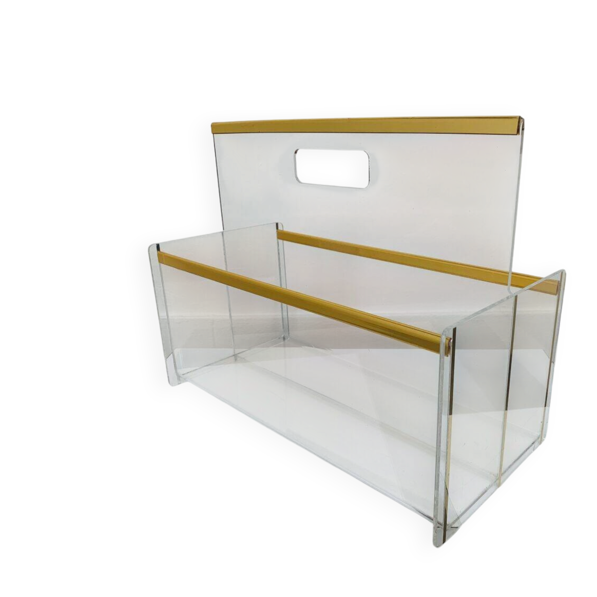 Plexiglass and brass magazine rack from the 70s in Hollywood Regency style.