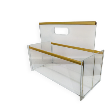 Plexiglass and brass magazine rack from the 70s in Hollywood Regency style.