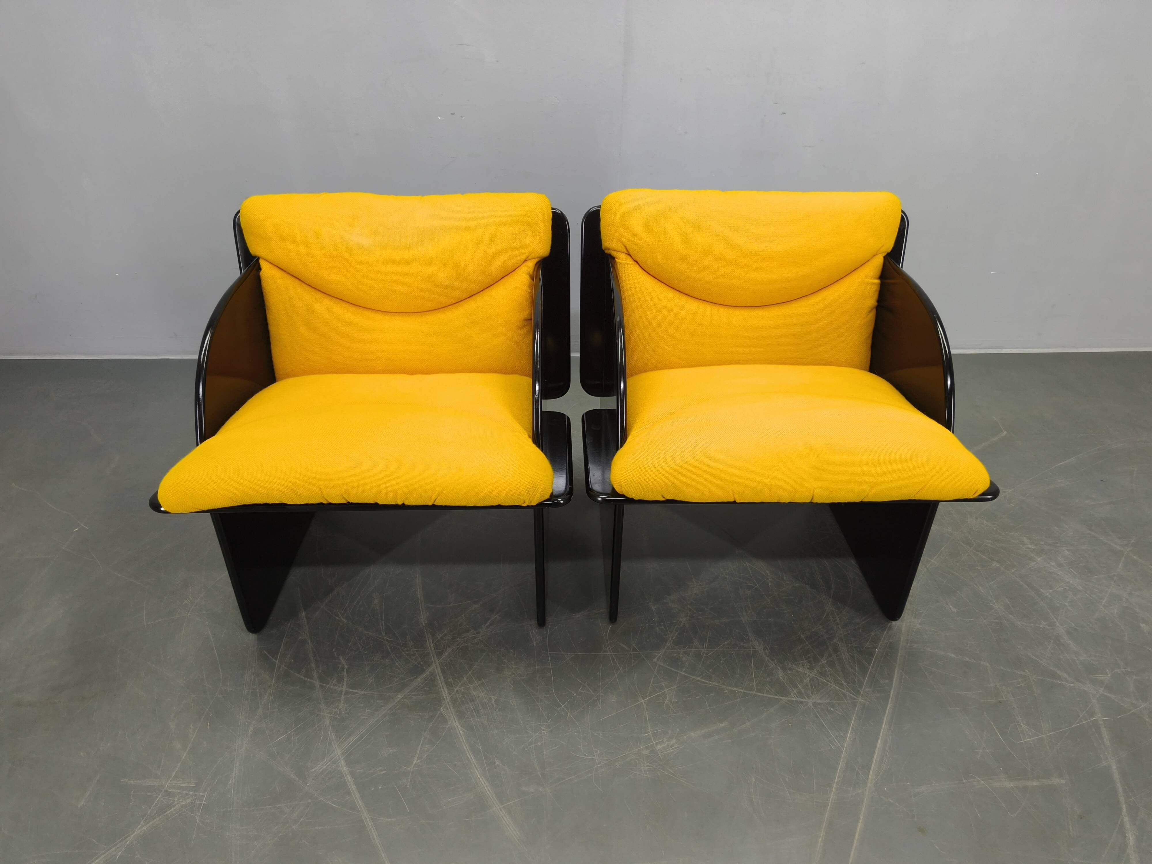 Pair of Italian Space Age Armchairs, Black Lacquer, 1970s