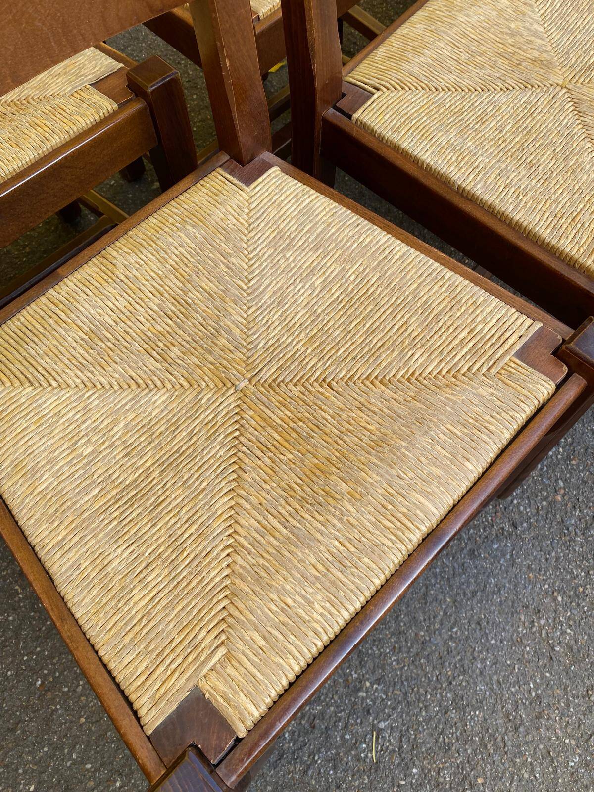 8 solid wood dining chairs with straw seats, farmhouse style