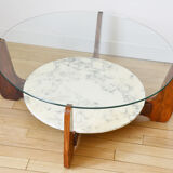 Table basse Hugues Poignant marbre, verre et teck années 60