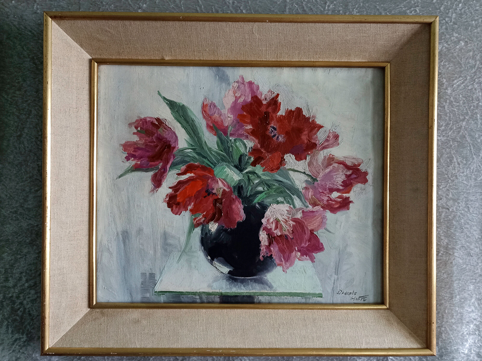 Still life – bouquet of parrot tulips – signed Daniele-Hoffe