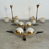 Lot light fixtures and chandeliers design Arlus 50s brass and opaline vintage