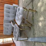 Set of 4 vintage 1970s dining chairs in gold brass and grey fabric.