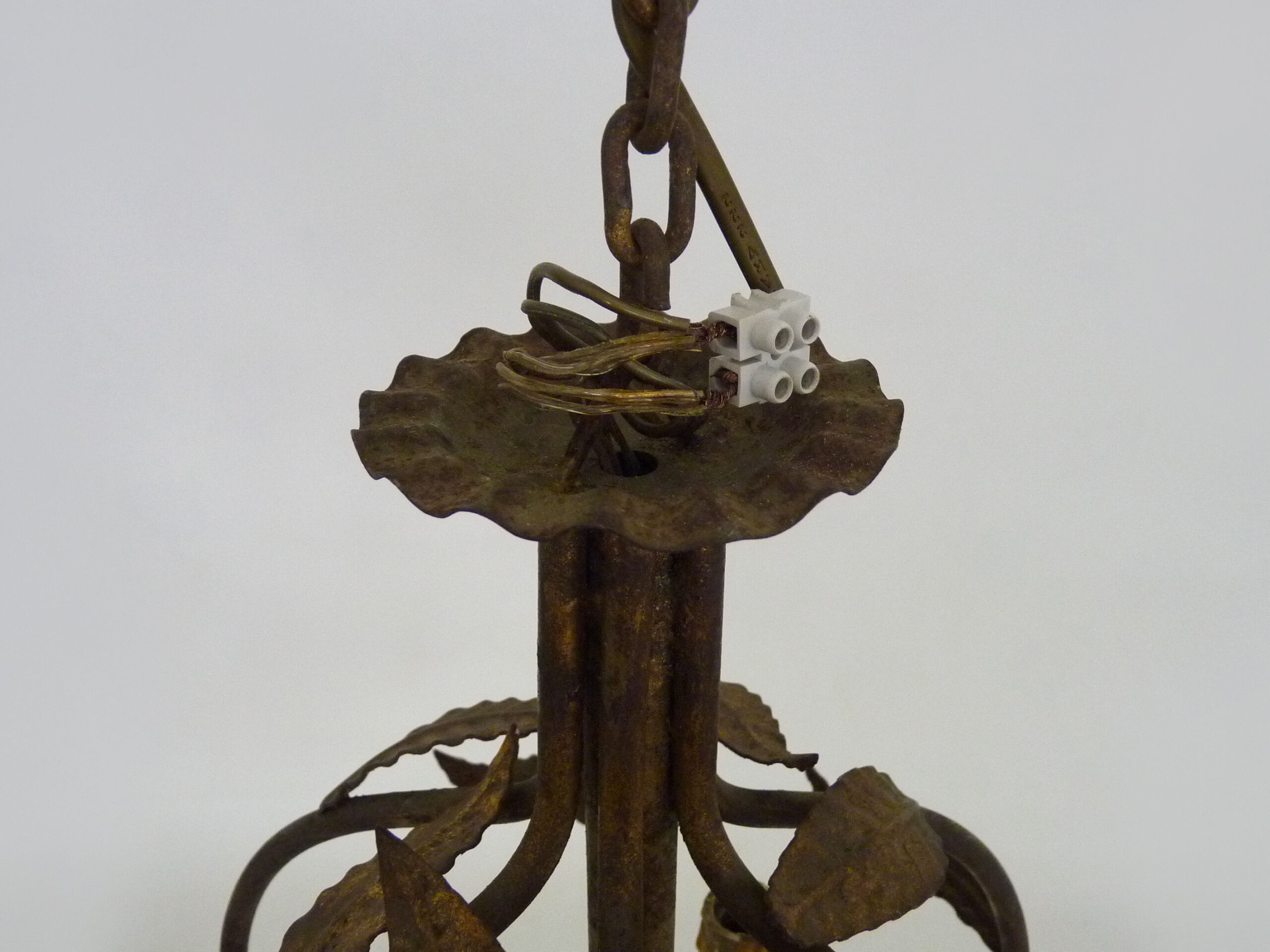 Vintage cage chandelier in aged golden metal and foliage, antique lighting, 3-burner chandelier. Year 60