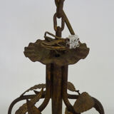 Vintage cage chandelier in aged golden metal and foliage, antique lighting, 3-burner chandelier. Year 60