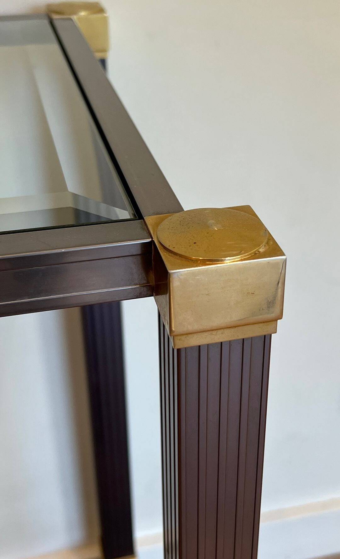 Glass Top Console in Lacquered Aluminium and Gold Metal, Pierre Vandel,