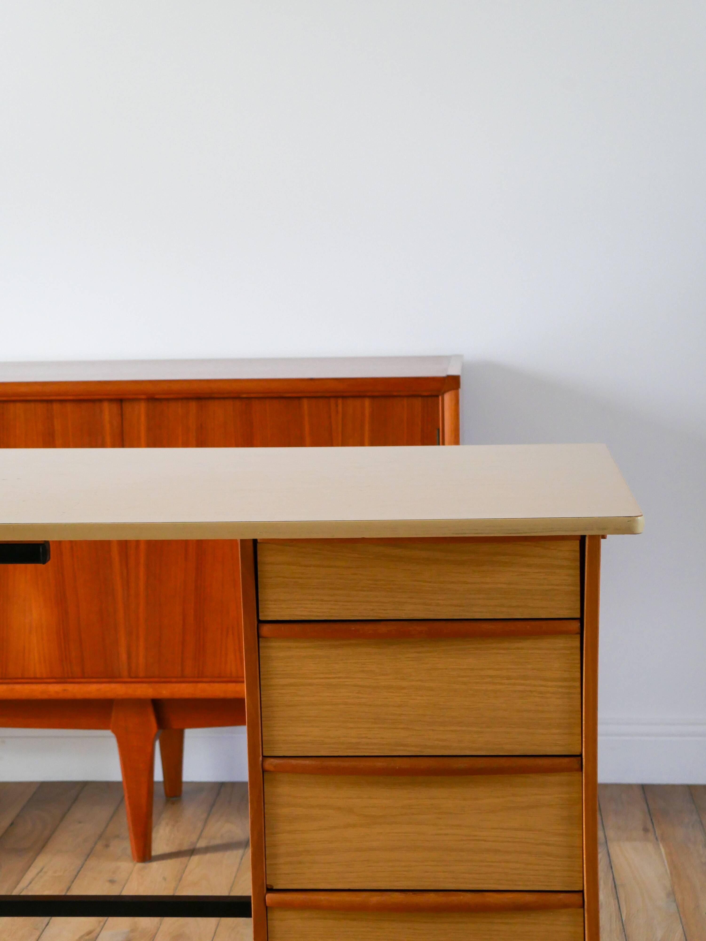 Formica, beech and black metal desk, Modernist Design, 1960