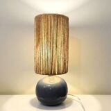 Lampe boule signé en céramique grès bleu lavande abat-jour corde ou raphia