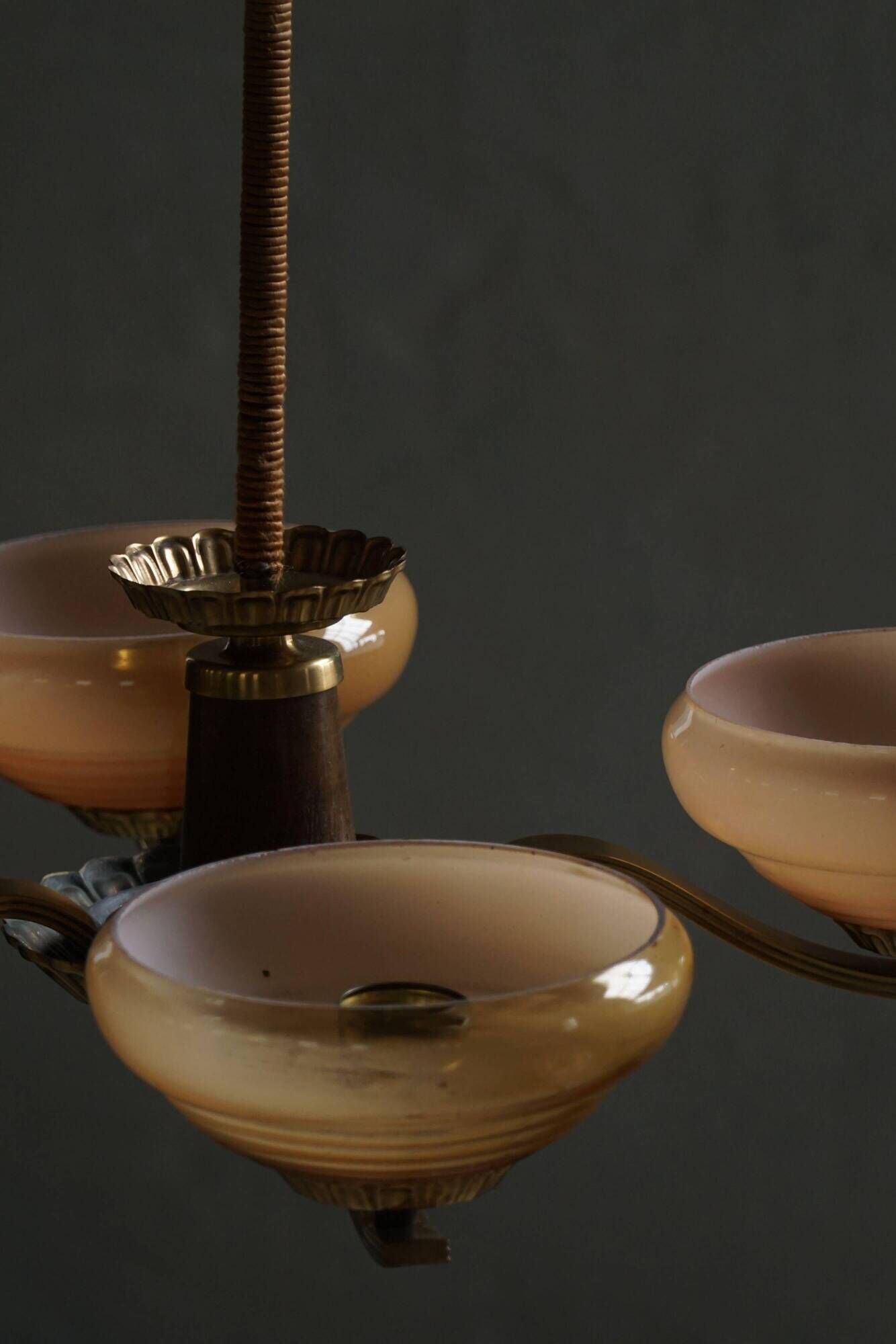 Art Deco chandelier with 4 branches in glass and brass, Sweden, 1940s