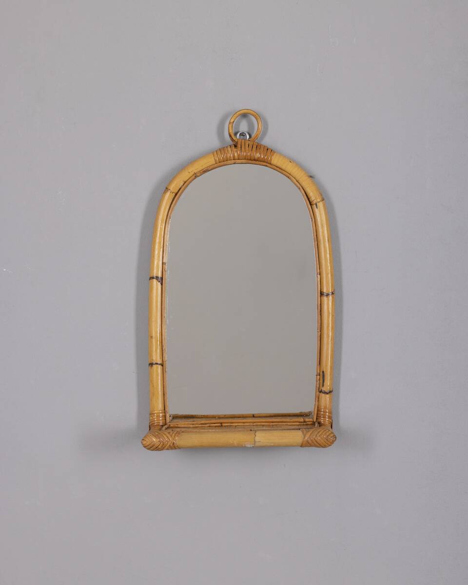 Vintage 1960s Wall Mirror with Bamboo Shelf, Italian Design