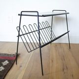 Mid century perorated metal side table with a magazine rack - pilastro tomado artimeta era