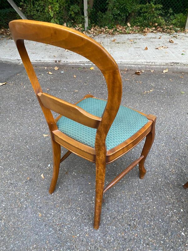 2 chaises louis Philippe bois massif courbé et tissu bleu vert brodé