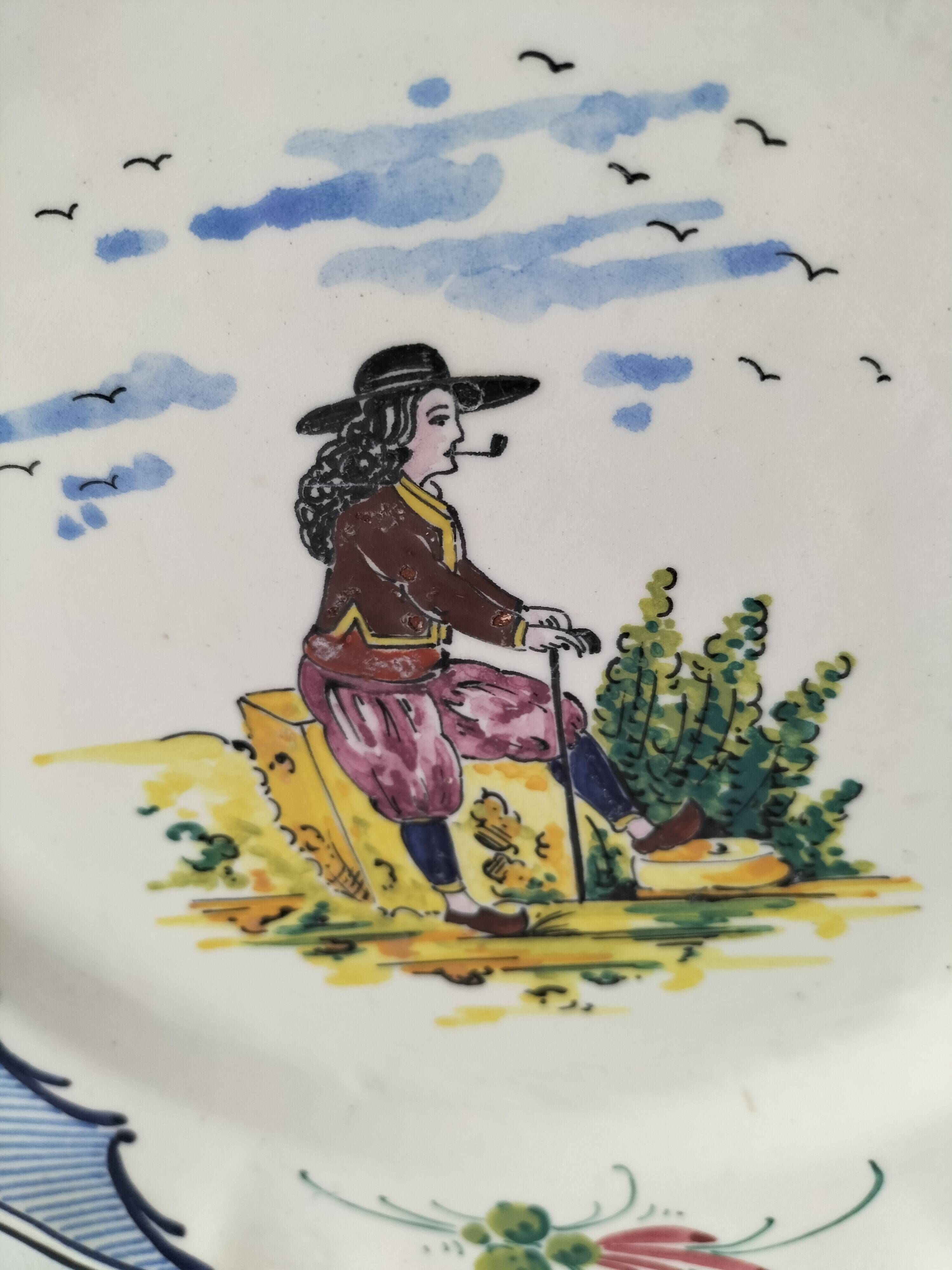 Vintage Breton earthenware plate – naive decor signed MF – Brittany