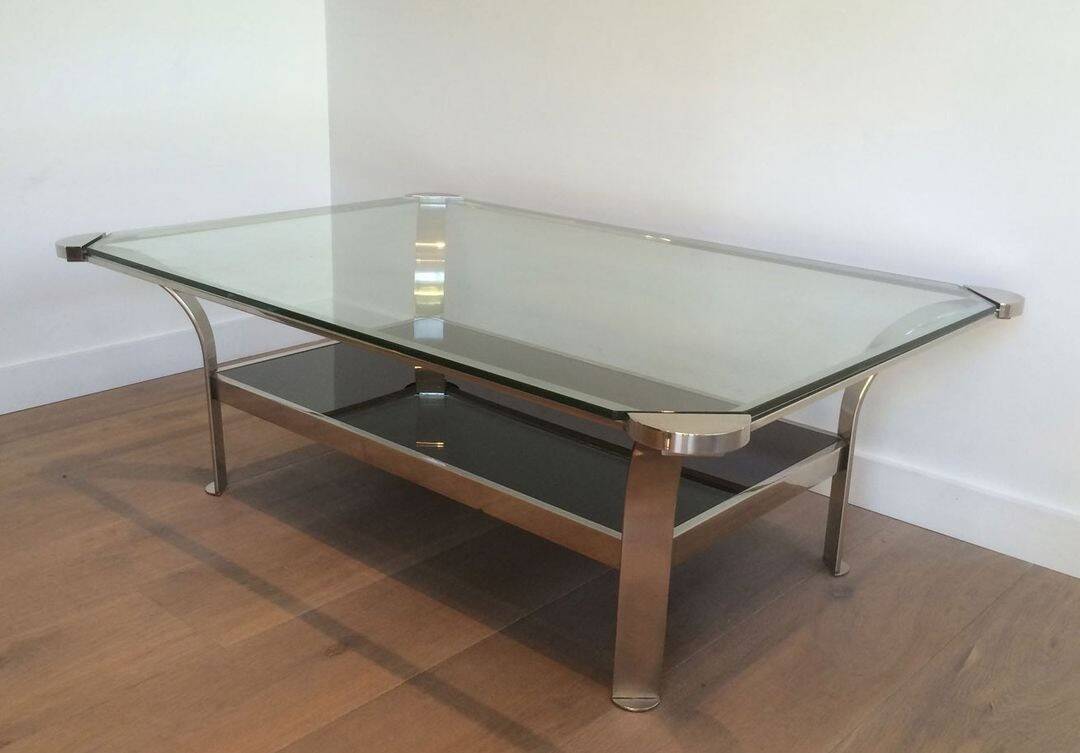 Table basse en chrome à double plateau en verre